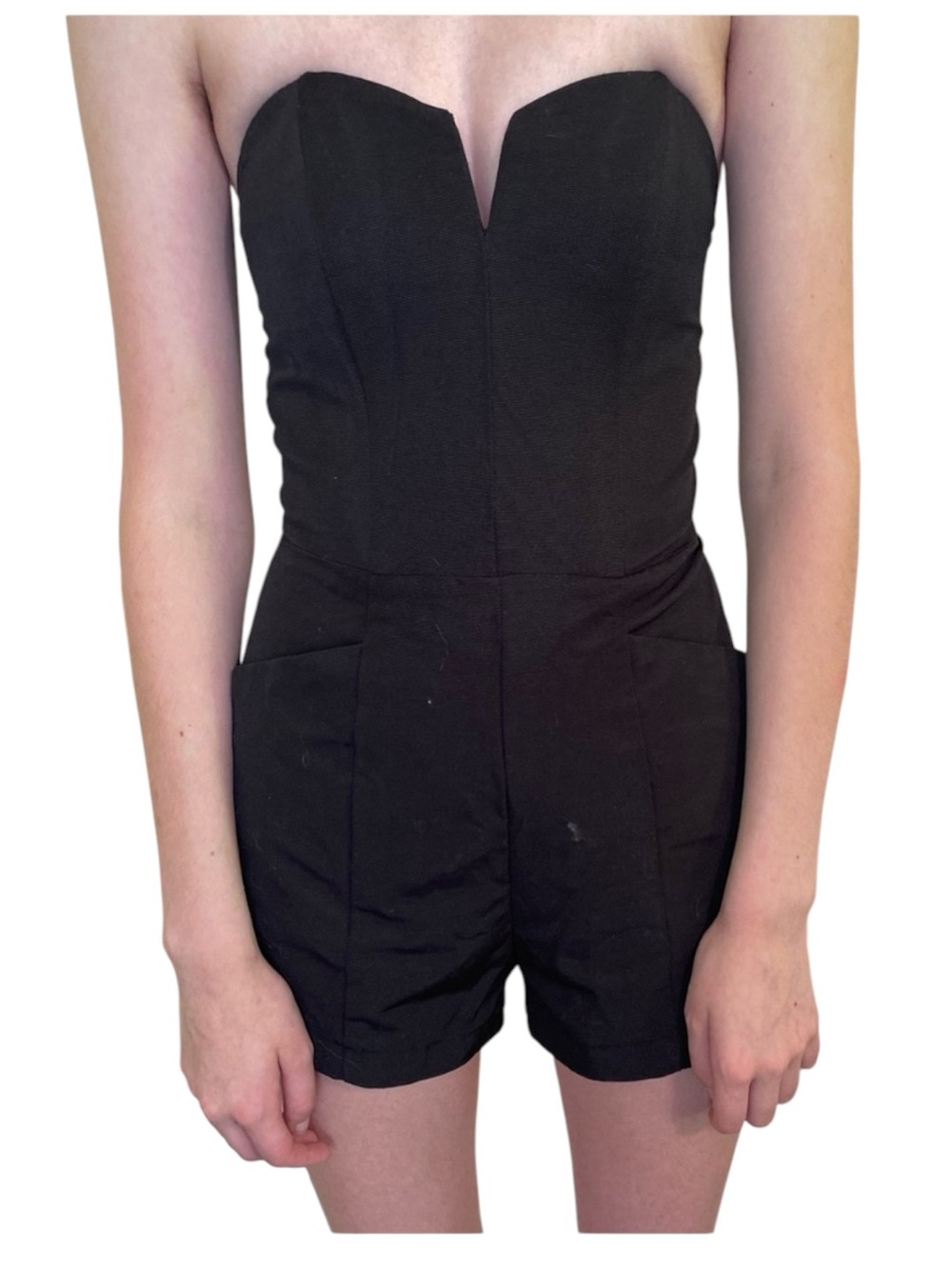 H&M conscious size 2 Black Strapless Sweetheart Romper mini short zipper alt
